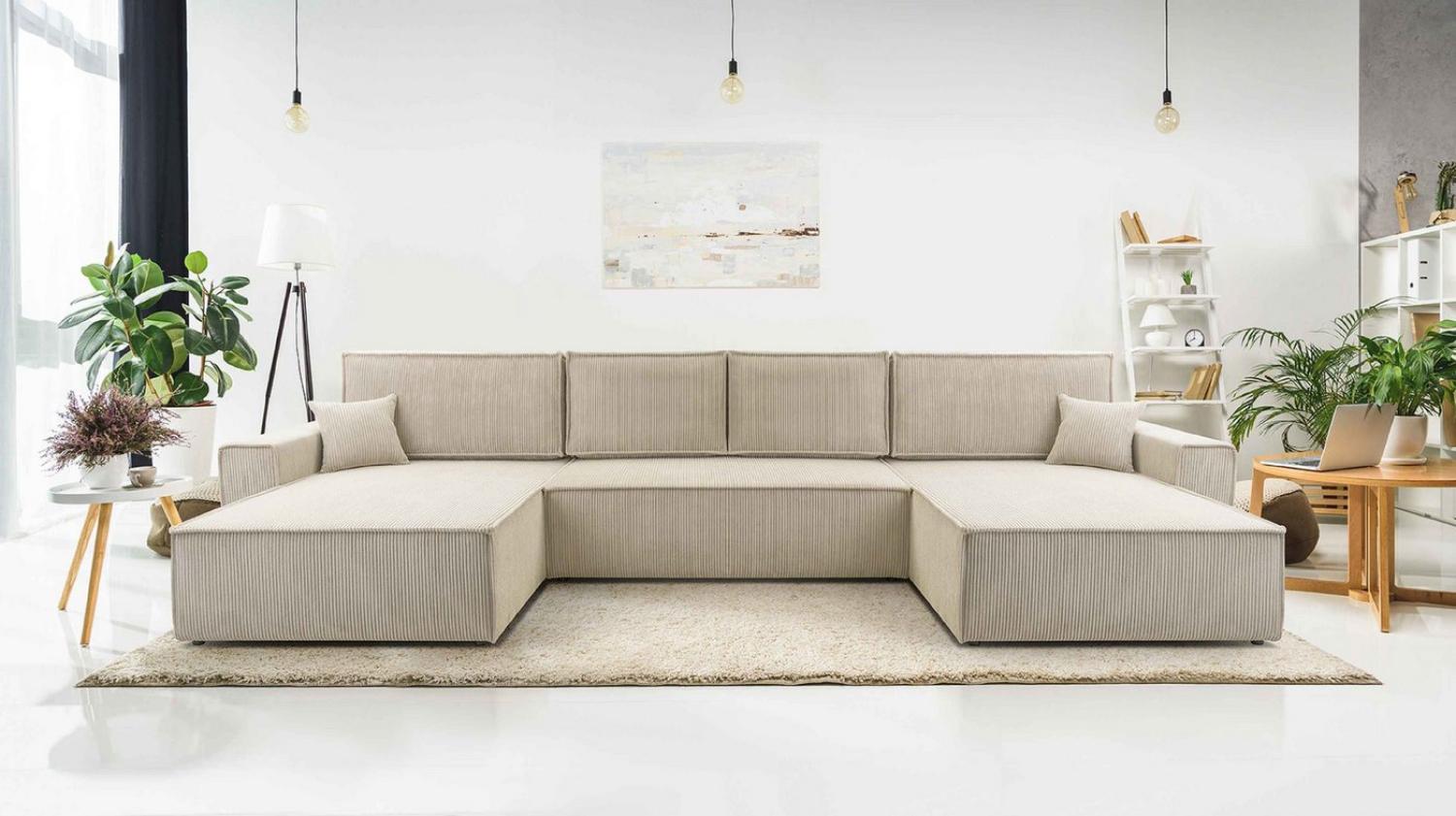 Furnix Wohnlandschaft MANGUSSI-U Polstersofa in U-Form mit Schlaffunktion und Bettkasten, Liegefläche 140x342 cm, Maße 389x85x188 cm, moderner Cord Bild 1