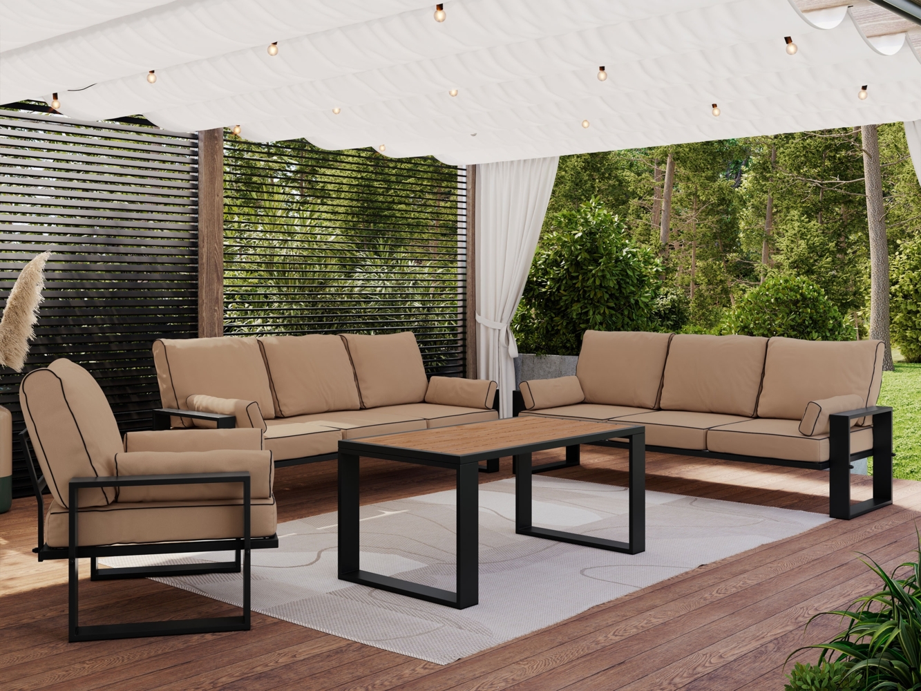 Gartenlounge Set für 7 Personen mit zwei Sofas, Sessel und Tisch, Gartenmöbel auf Metallbeinen - ELBA 3 - beige Bild 1