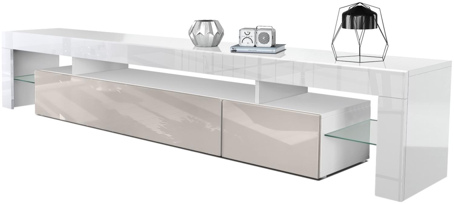 Vladon Lowboard Lima V2, TV-Kommode mit 2 Klappen, 1 offenem Fach und 2 Glasablagen, Weiß Hochglanz/Sandgrau Hochglanz (189 x 38 x 35 cm) Bild 1