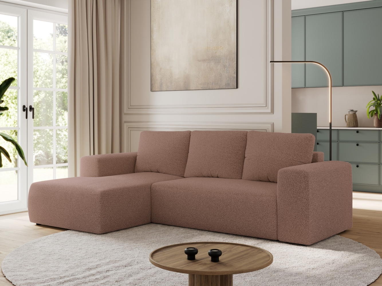 Ecksofa mit Schlaffunktion, Bettkasten und losen Kissen für das Wohnzimmer - TRENTINO - Rosa Boucle - links Bild 1