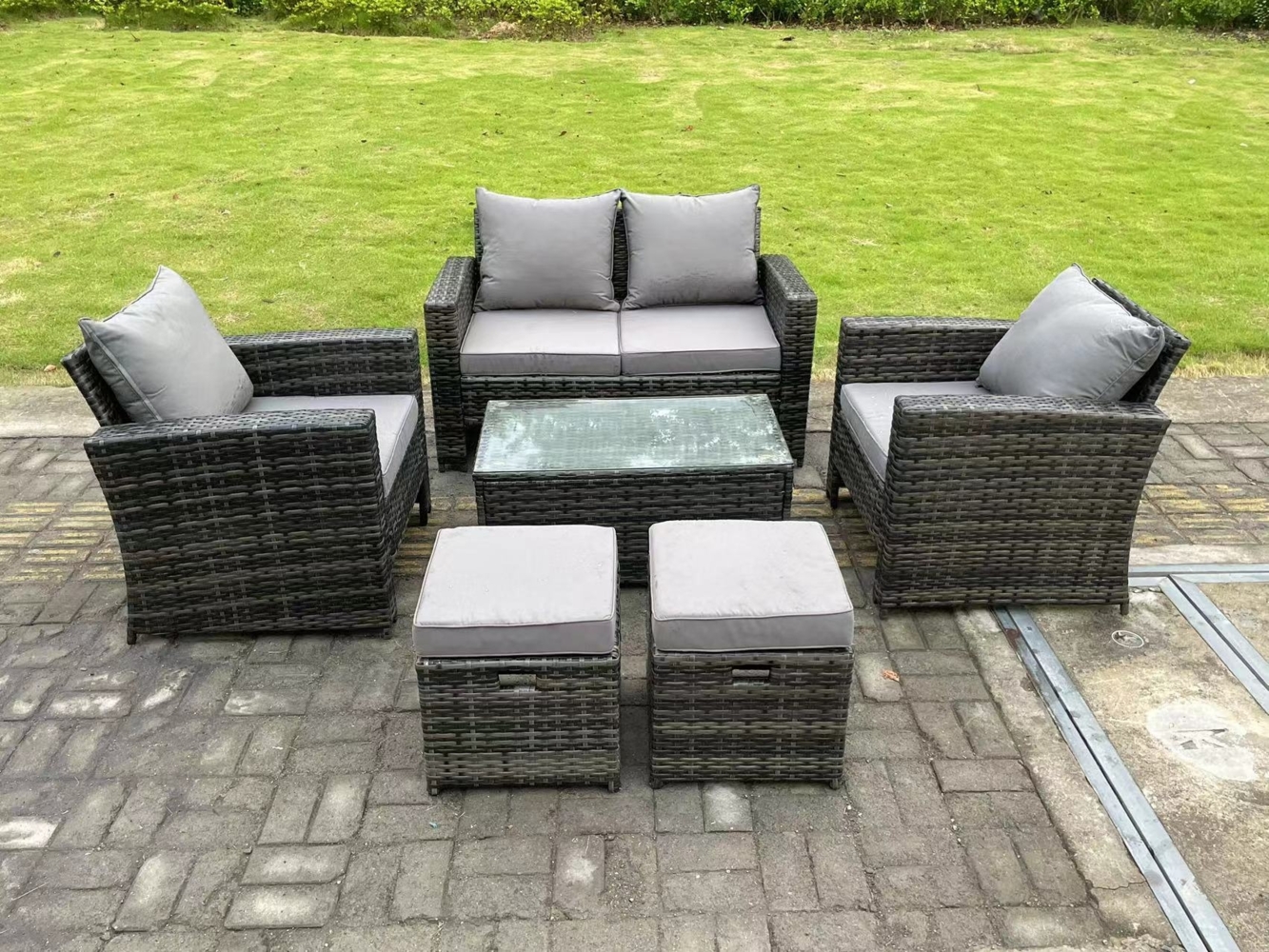 Fimous 6-Sitzer Dunkelgrau Gemischt Hoher Rücken Polyrattan Sofa Set Rechteckig Couchtisch Gartenmöbel Outdoor 2 Hocker Bild 1