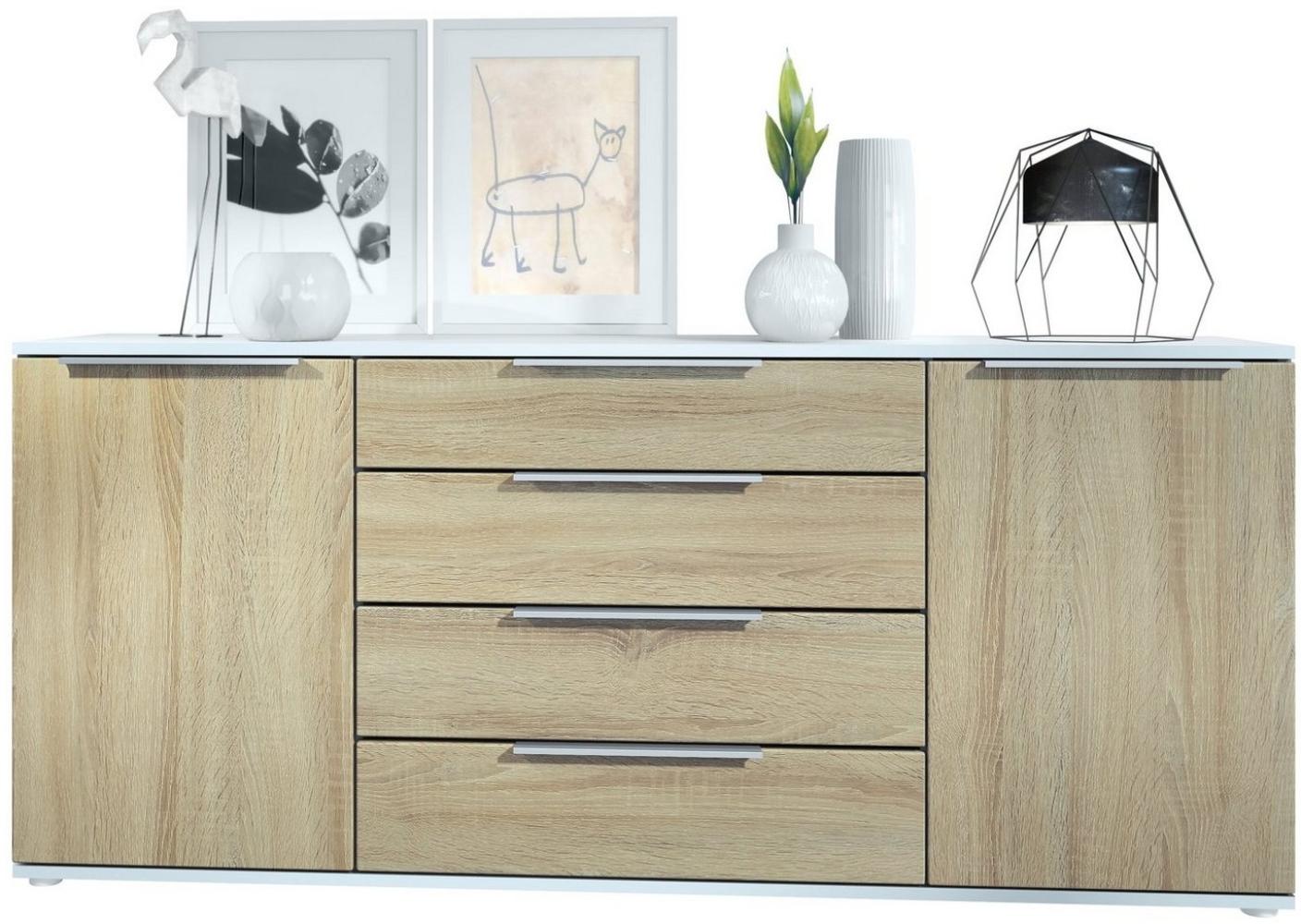 Vladon Sideboard Linio V2 166,5 x 72,5 x 35 cm Anrichte mit 2 Türen und 4 Schubladen, Korpus in Weiß matt, Fronten in Eiche sägerau Bild 1