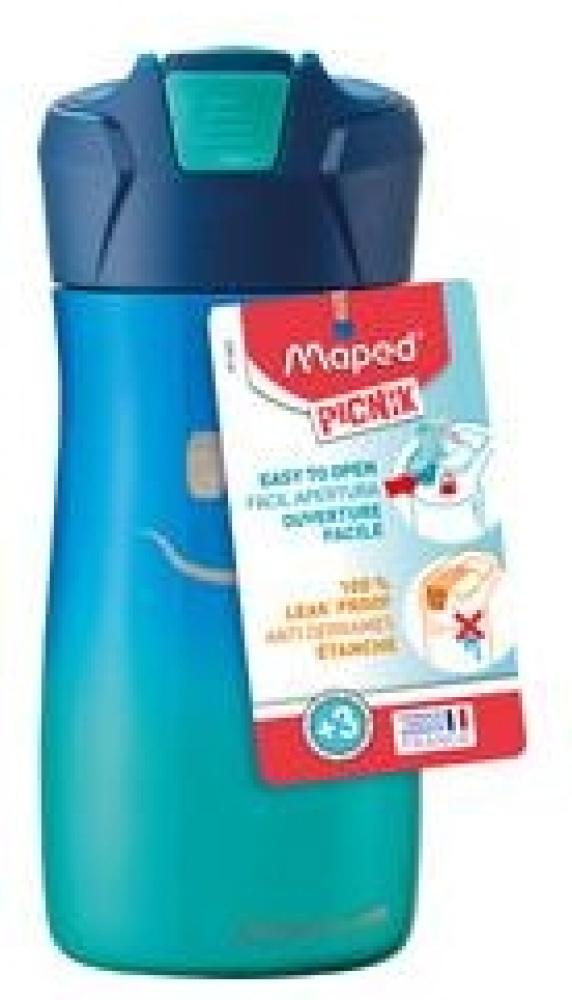 Maped PICNIK Trinkflasche KIDS CONCEPT, blau, 0,43 l Korpus aus Edelstahl mit Farbverlauf & lachendem Gesicht, Trinkhalm kommt auf Knopfdruck heraus, 100% auslaufsicher, lebensmittelecht, spülmaschinenfest, BPA-frei, mit Tragegriff, Maße: (B)74 x (T)10... Bild 1