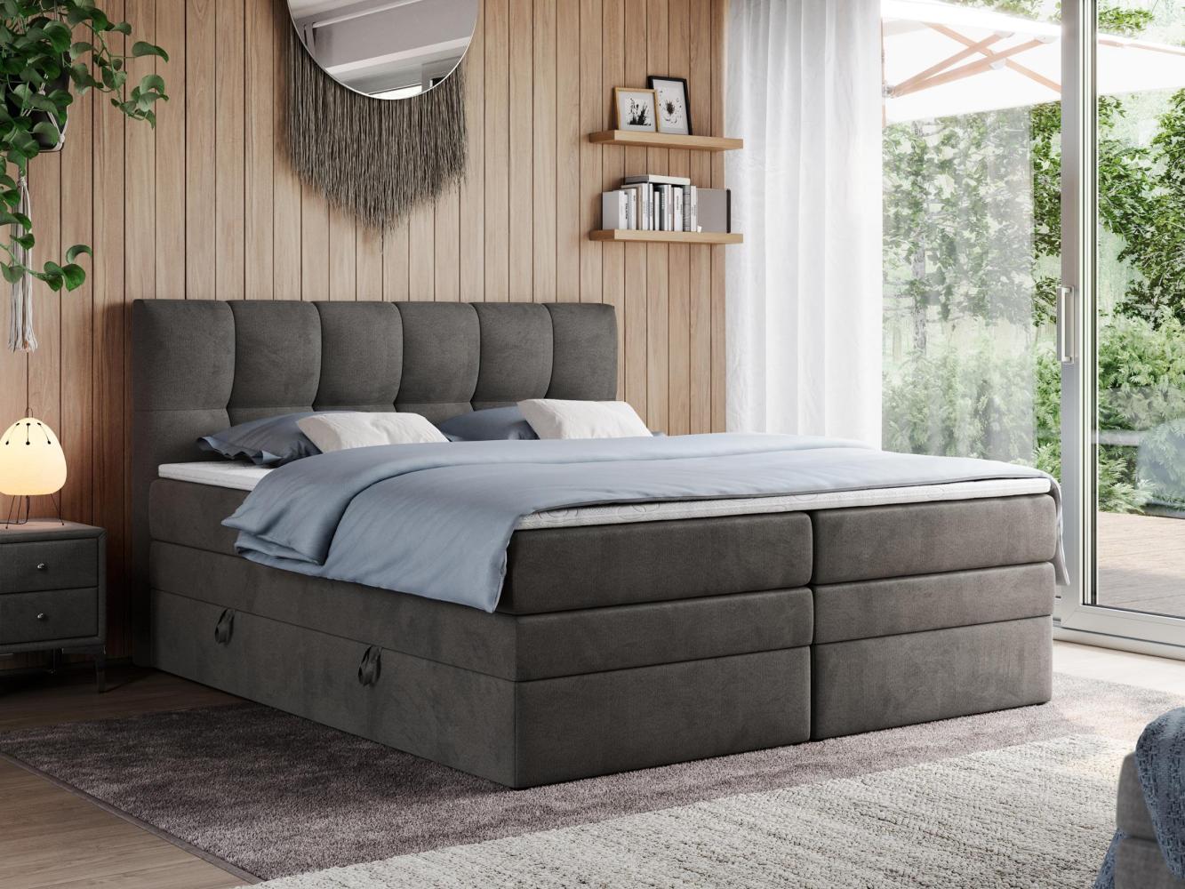 Boxspringbett mit Doppelmatratze - ALVIN-KING Dunkelgrau 160 x 200 cm Velours Mittelfest (H3) Bild 1