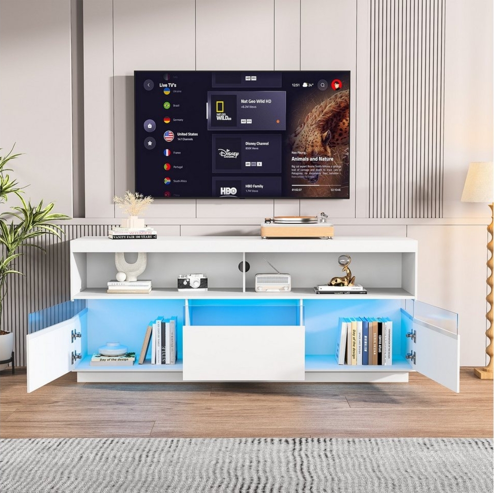 Romance Lowboard TV Schrank Fernsehtisch weiß Hochglanz mit Nischen und Schubladen, moderne grifflose TV-Board, mit LED-Beleuchtung, 147 cm Bild 1