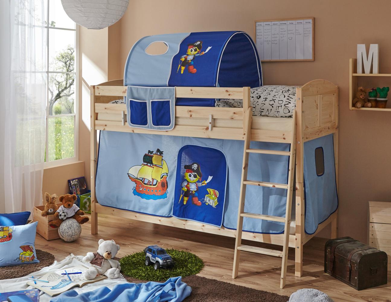 Etagenbett \"Erni Country\" 90x200 Kiefer massiv natur - Pirat-Hellblau-Dunkelblau Bild 1