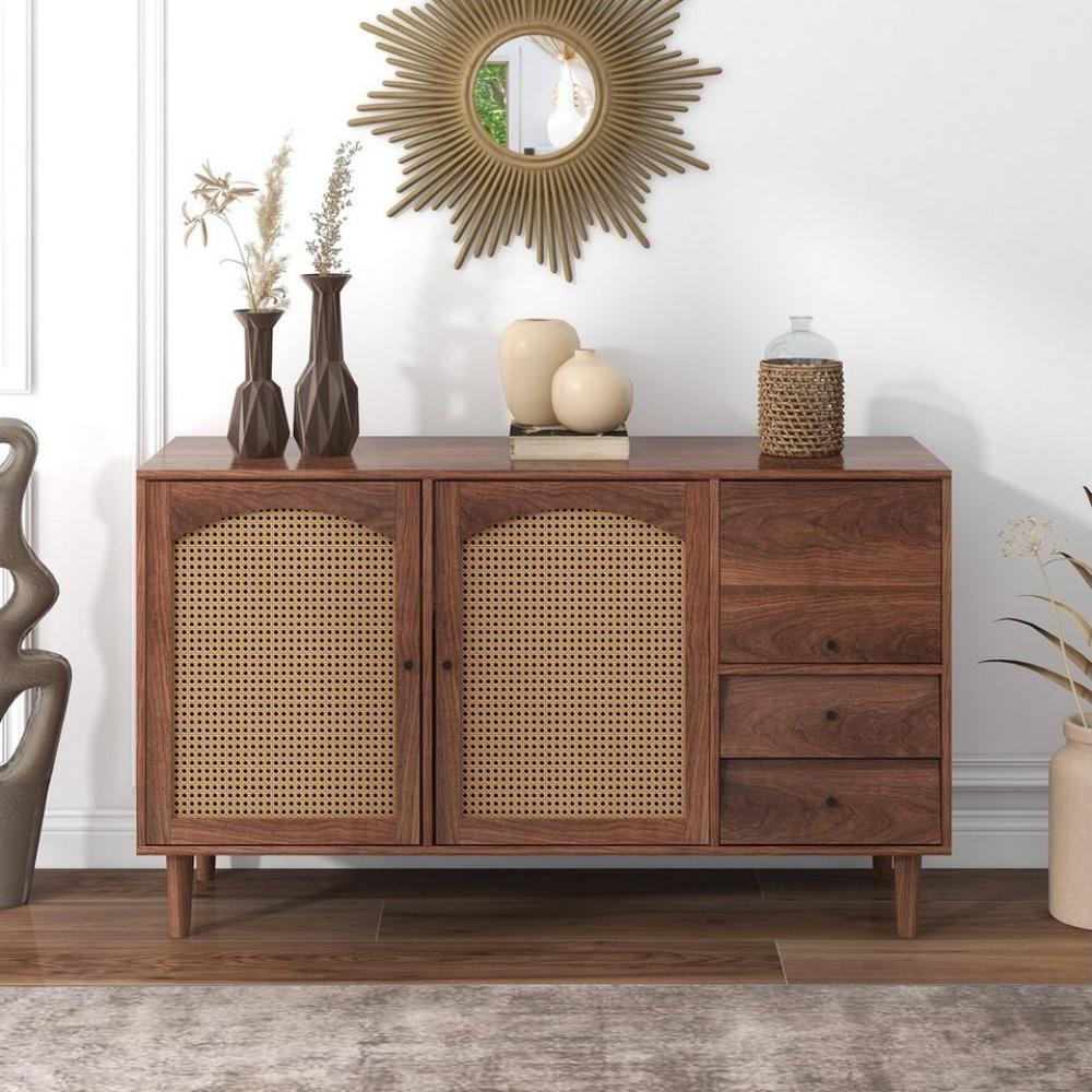 Merax Sideboard Buffet Rattan mit 3 Türen und 2 Schubladen, Antik,Landhaus Stil, Kommode aus Holz und Rattan,B/H/T:130/76/41 cm Bild 1