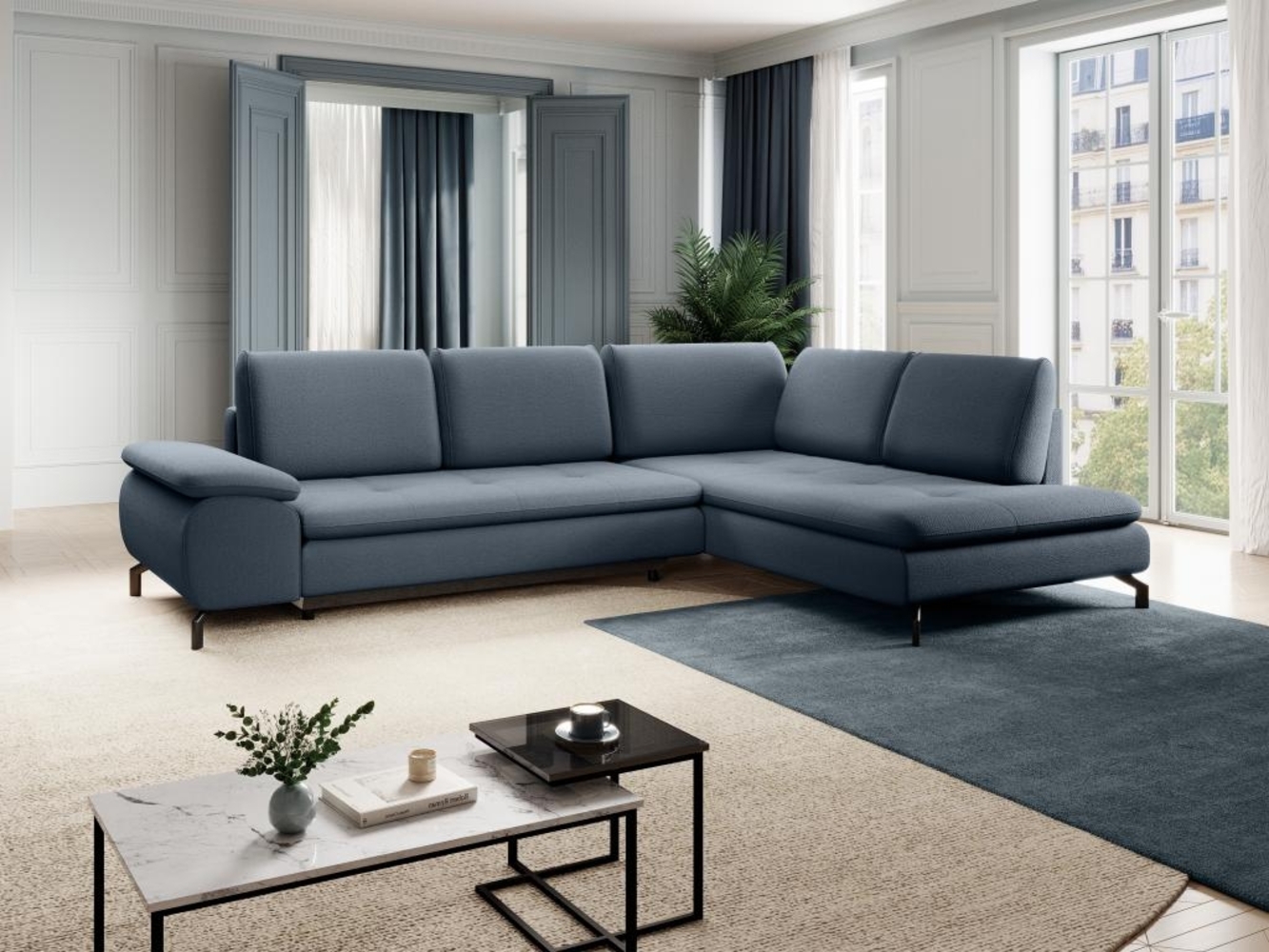 Vente-unique - Großes Ecksofa mit Schlaffunktion - Ecke rechts - Strukturstoff - Blau - ARCHIBALD Bild 1