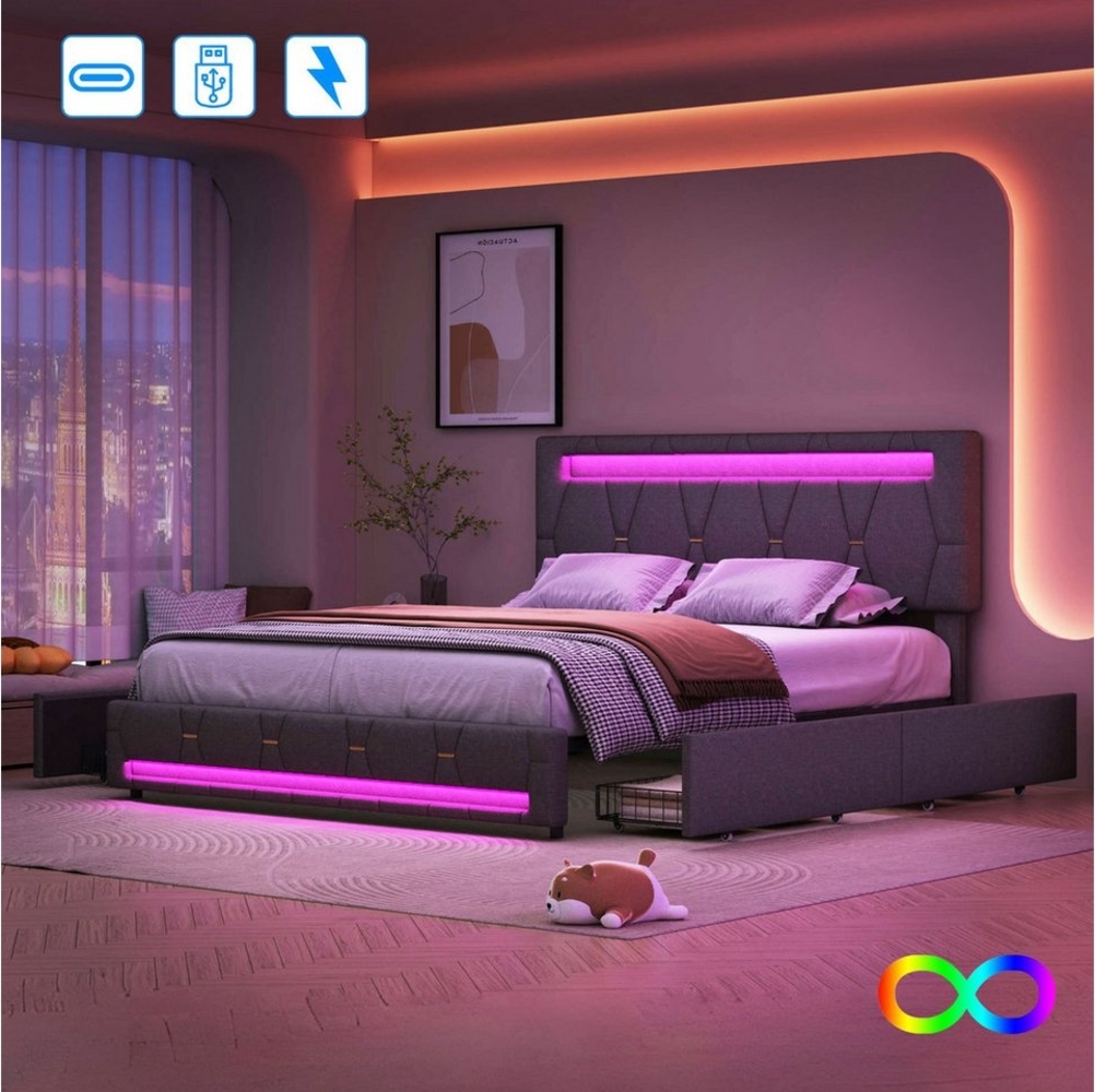 Furnishings Home Polsterbett Stauraumbett Doppelbett (Mit LED Beleuchtung, Verstellbare Kopfhöhe), Stauraum, Lattenrost, Leinen, 140x200 cm Bild 1