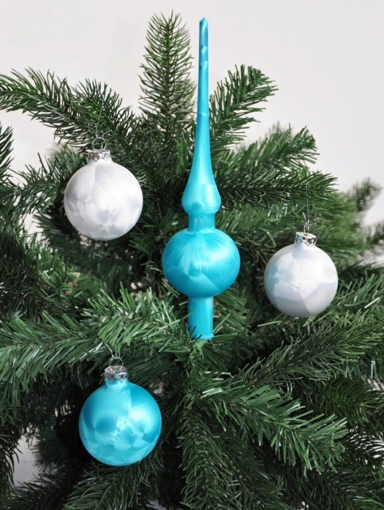 Thüringer Glasdesign Christbaumschmuck Eislack Glas Christbaumkugeln 15x Kugel 6cm+1x Spitze 25cm Türkis/Weiß, echt Glas, teilweise Handarbeit, inkl. praktischer Aufbewahrungsbox Bild 1