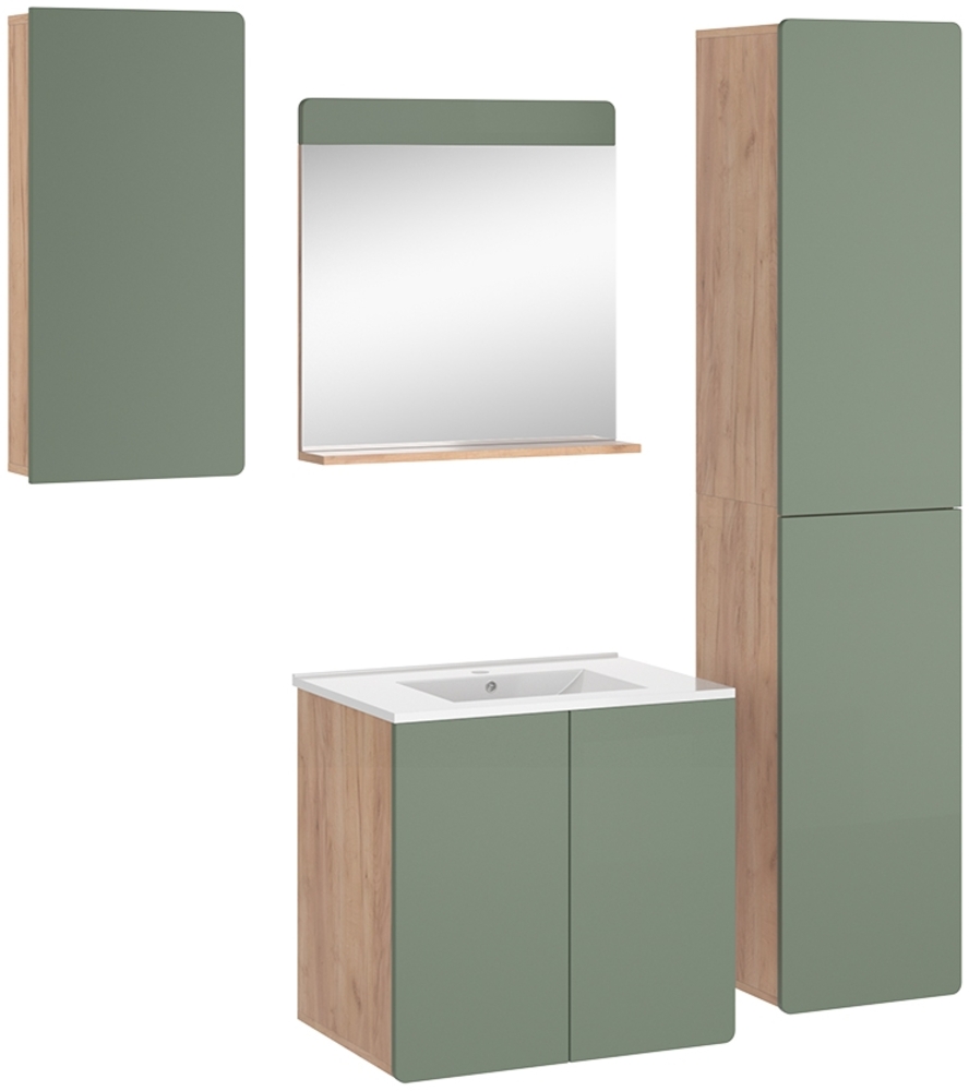 Badmöbel-Set Izan Goldkraft Eiche/Grün 5-teilig mit Hoch- und Hängeschrank Vicco Bild 1