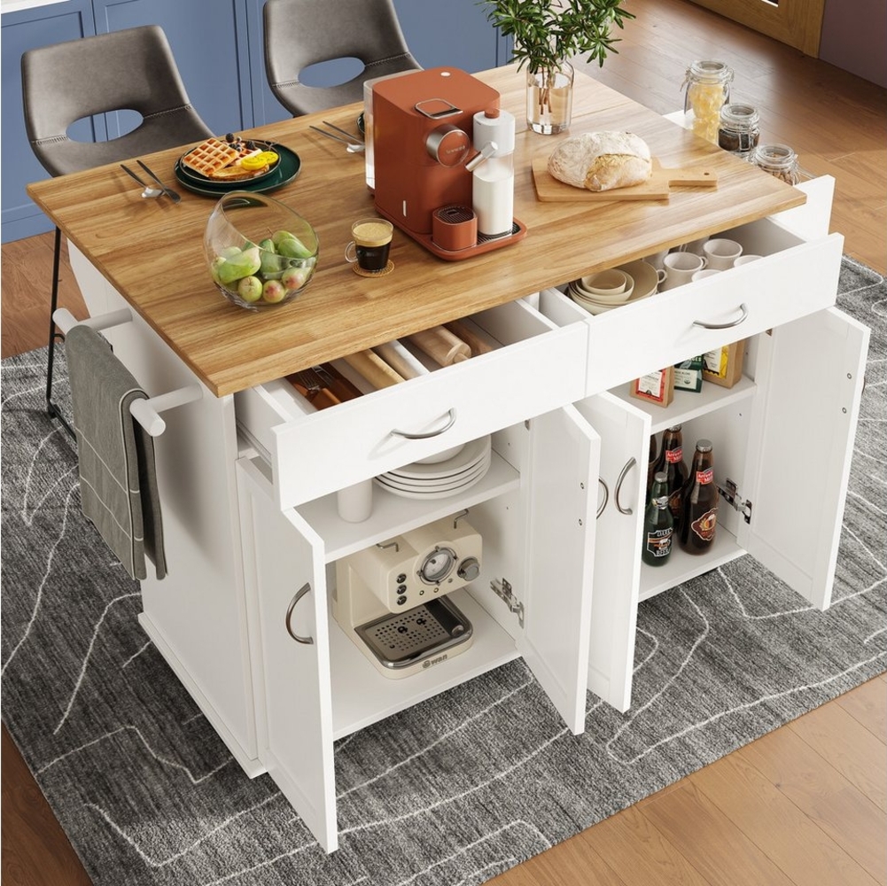 Celya Küchenwagen Moderne Kücheninsel mit arbeitsplatte und sitzgelegenheit, auf rollen, (Speisewagen mit Holzmaserung, Weiß, Multifunktionale Esstisch mit Speicherraum), 106×50×90.5cm, Küchenschrank, buffetschrank Bild 1