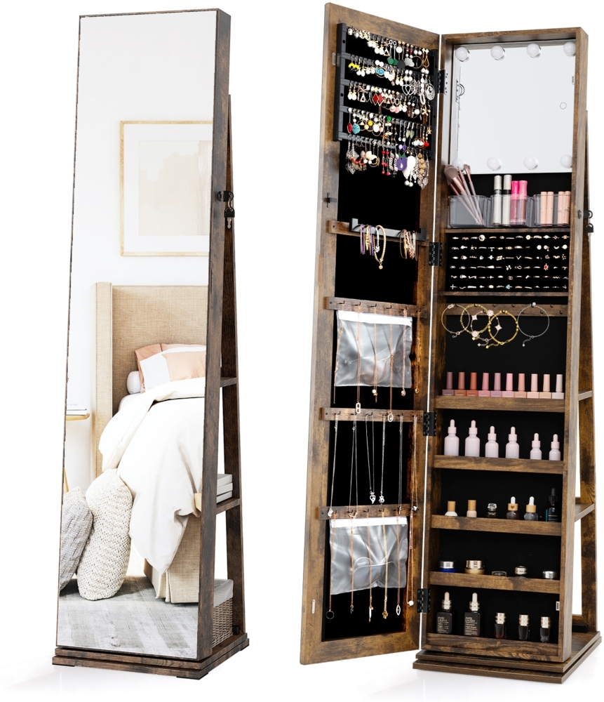 360° Drehbarer Schmuckschrank Freistehender Schmuckorganizer mit Ganzkörperspiegel & Rückregalen Rustikal Braun Bild 1