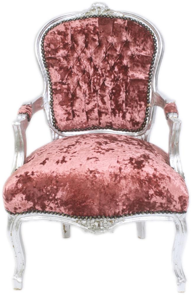 Casa Padrino Barock Salon Stuhl Bordeaux Velour Stoff / Silber - Antik Design Möbel Bild 1