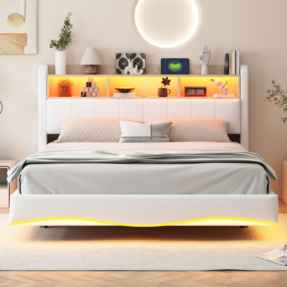 Beiges Schwebebett 160x200 cm Mit LED Beleuchtung Und USB Type C Anschlüssen Doppelbett Mit Stauraum Modernes Design 250 Kg Tragkraft Bild 1