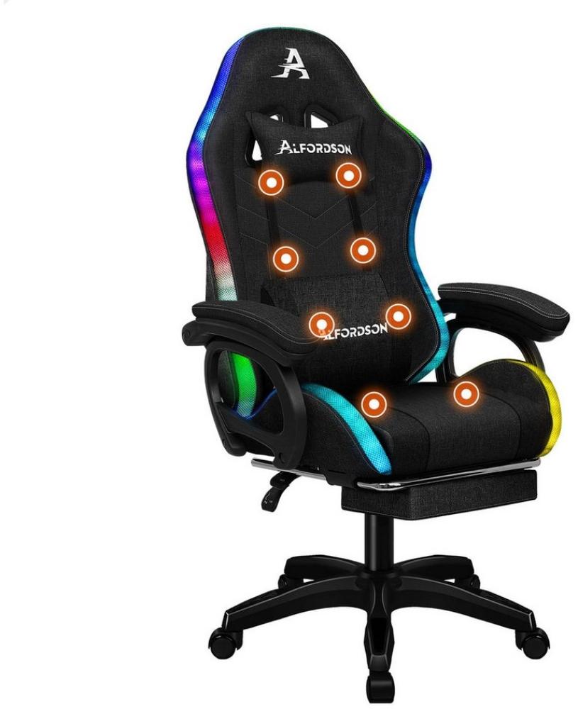 ALFORDSON Gaming-Stuhl mit 8-Punkt-Massagefunktion, mit RGB-Beleuchtung, mit Lendenwirbelstütze und Kopfstütze, Stoff, schwarz Bild 1