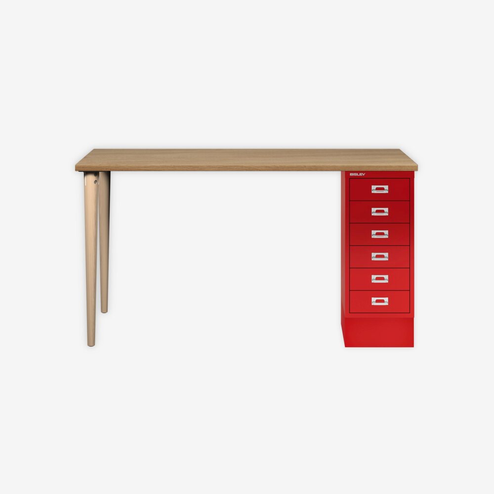 MultiDesk, 2 Eichenfüße, 1 MultiDrawer mit 6 Schüben, Dekor natürliche Eiche, Farbe Kardinalrot, Maße: H 740 x B 1400 x T 600 mm Bild 1