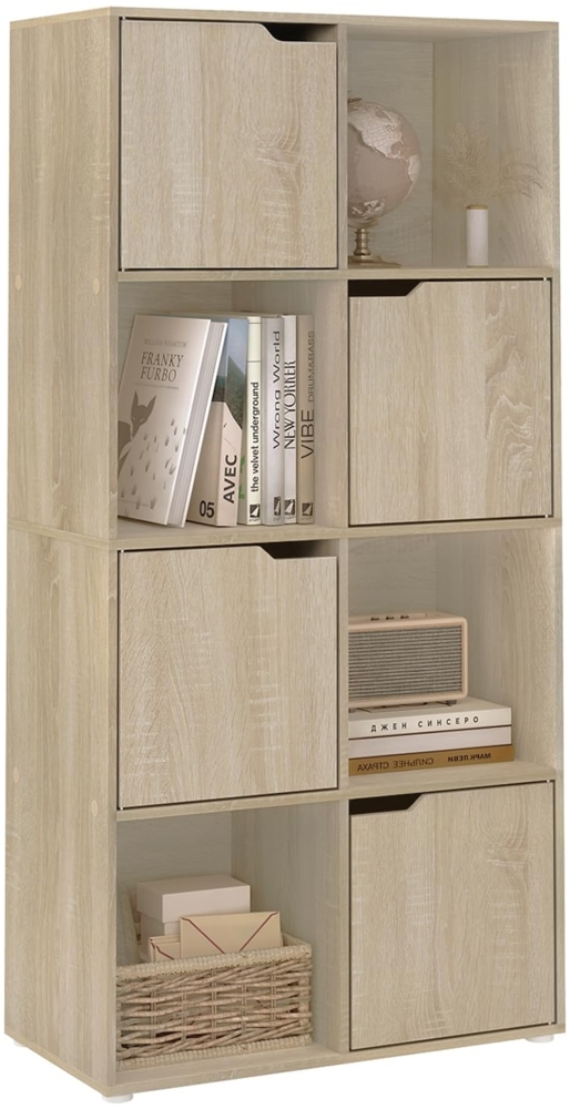 WOLTU Bücherregal mit 8 Fächern, Würfelregal Standregal Regal mit 4 Türen, Büroregal Aufbewahrungsregal Aktenregal Raumteiler, für Wohnzimmer Schlafzimmer Büro, 60x120x30 cm, helle Eiche, SK039hei Bild 1