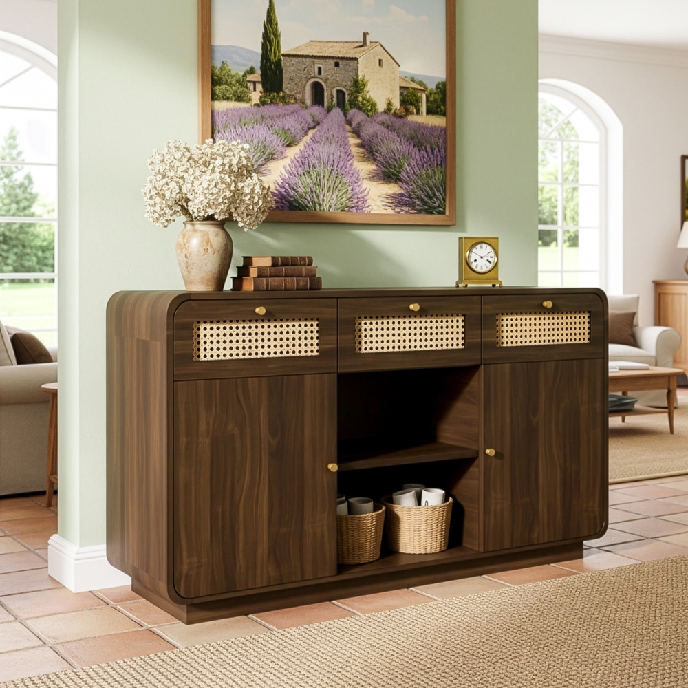 Sideboard Nussbaum mit Rattan, 3 Schubladen, 2 Schränke, Offenes Regal, Retro Kommode Wohnzimmer Flur Küche Bild 1