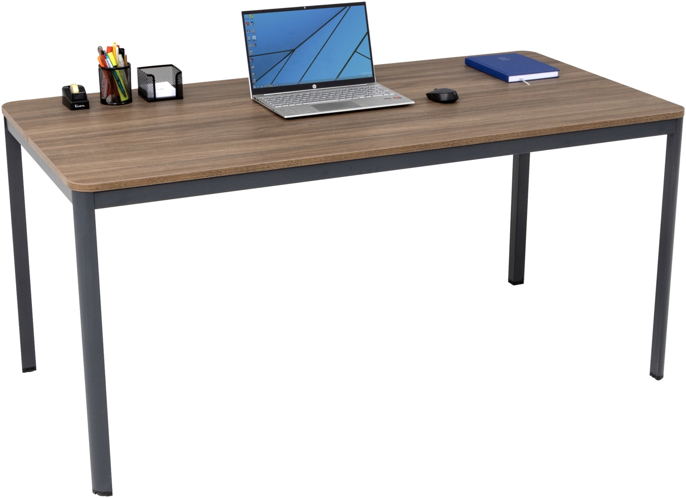 furni24 Schreibtisch D-Profil Nova 140 x 70 x 75 cm, Nussbaum, Einfache Montage, Arbeitstisch, Bürotisch, Küchentisch, Esstisch, Druckertisch Büro-Möbel Computertisch Gaming-Tisch Mehrzwecktisch Bild 1