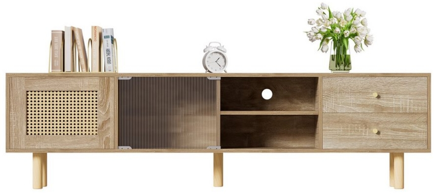 Refined Living TV-Schrank Fernsehtisch mit Tür in Rattanoptik, offenen Fächern und Schubladen (172 x 35 x 48 cm, TV-Board, Lowboard Wohnzimmerschrank, mit 2 Türen und 2 Schubladen, 1-St, mit Glasschiebetüren und Massivholzbeine und goldene Griffe) Viel... Bild 1