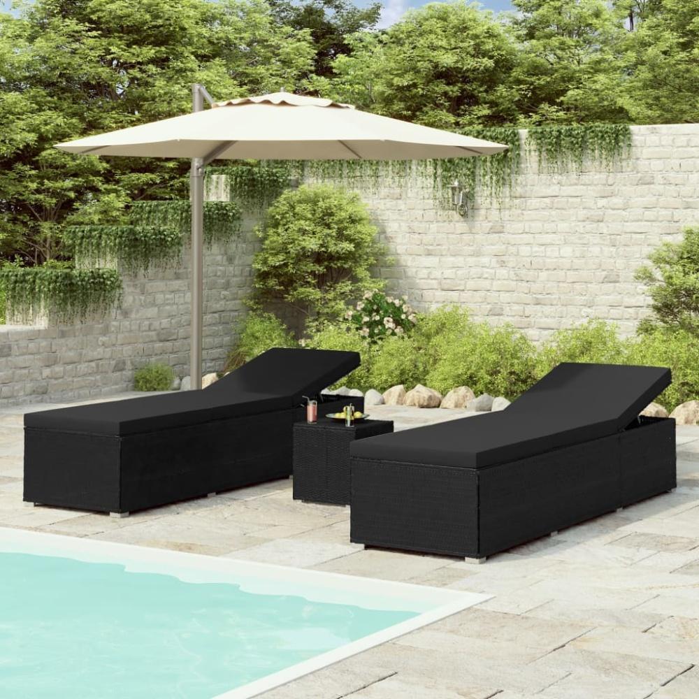 vidaXL 3-tlg. Garten-Sonnenliegen mit Teetisch Poly Rattan Schwarz 3057666 Bild 1