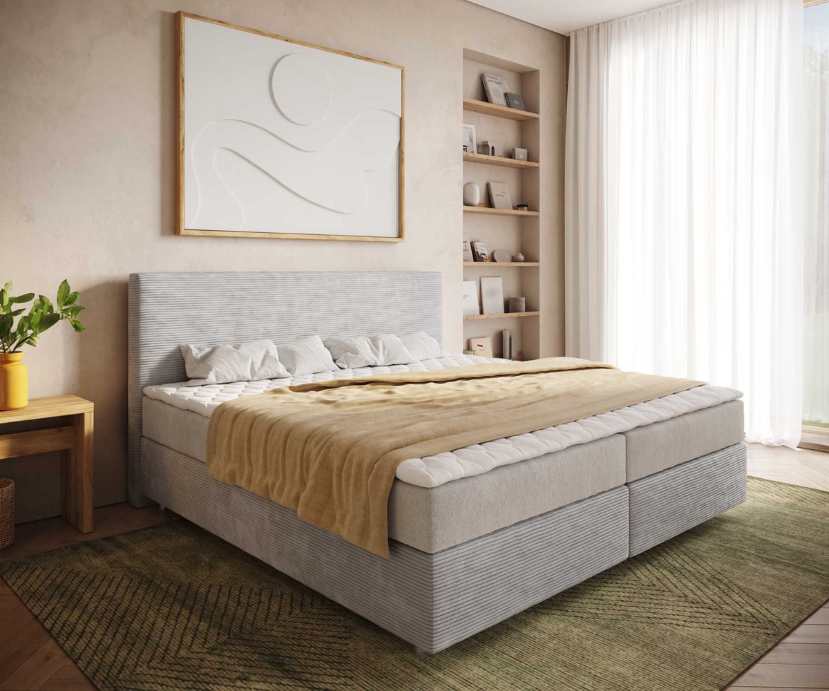 Boxspringbett Dream-Well Cord Silbergrau 200x200 cm mit Taschenfederkernmatratze und Topper Visco Bild 1