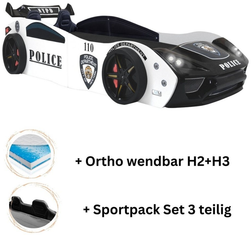 Autobett Kinderbett "Police" + Sportsitze 90x200 inkl. Lattenrost Ortho wendbar H2+H3 Bild 1