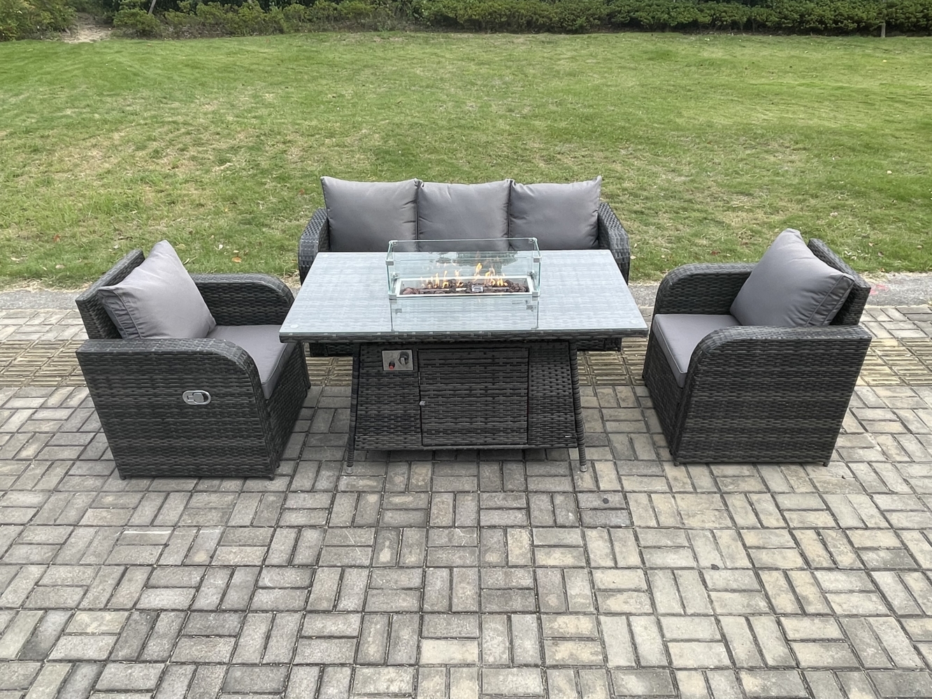 Fimous Polyrattan Gartenmöbel Set Garten Sofa im Freien Gasfeuerstelle Esstisch Set mit 3-Sitzer Sofa Dunkelgrau Gemischt Bild 1