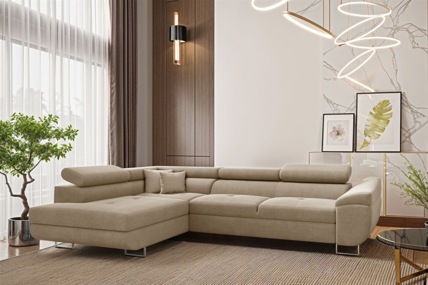 Ecksofa Schlafsofa Sofa CARMELO in Stoff Nova Beige Ottomane Links Bild 1