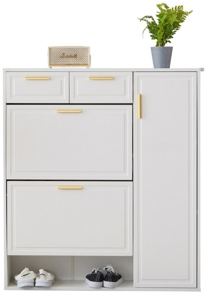 Refined Living Schuhschrank mit verstellbaren Regalen,mit goldenen Griffen, Schubladen (weiß, B95/D24/H107.5cm, Schuhregal, Klappschrank, Multifunktional, Schuhaufbewahrung, Aufbewahrungsschrank, 1-St, mit 2 Schubladen und 3 Türen, Multifunktional) mit... Bild 1