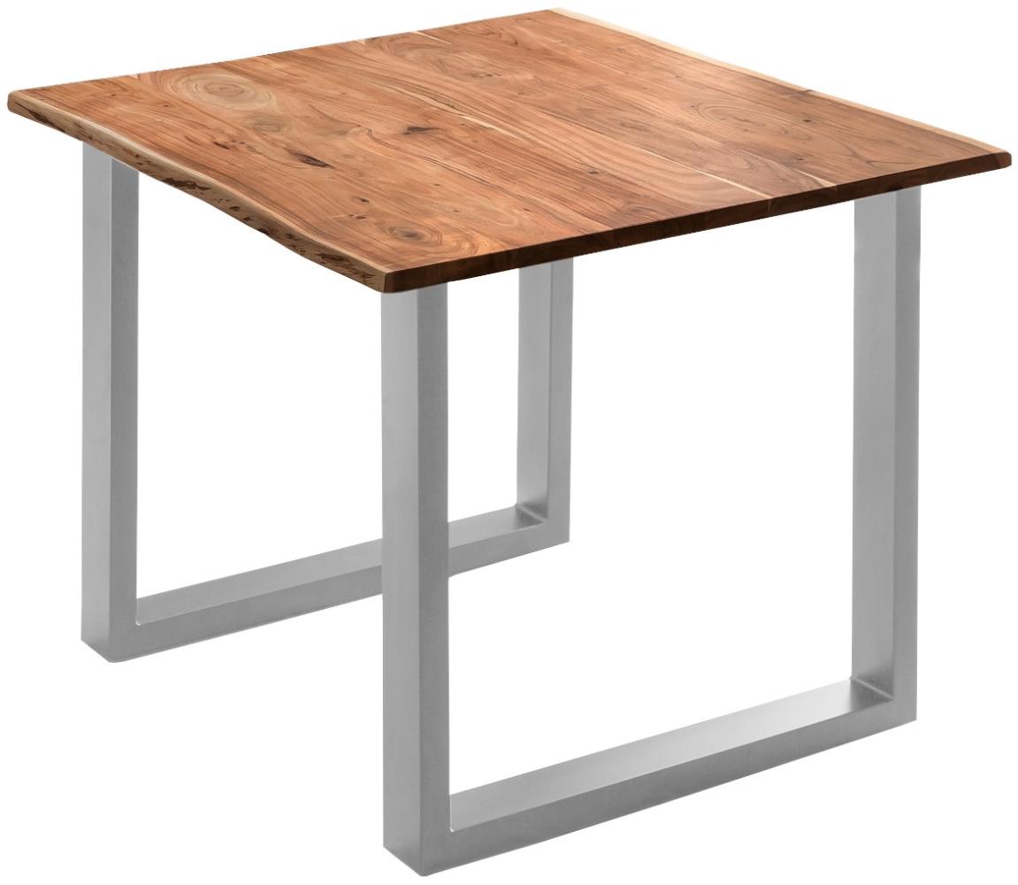 Esstisch Tisch natürliche Baumkante Akazie massiv Kufengestell Nussbaum 80x80 silber Quinn 526289 Bild 1