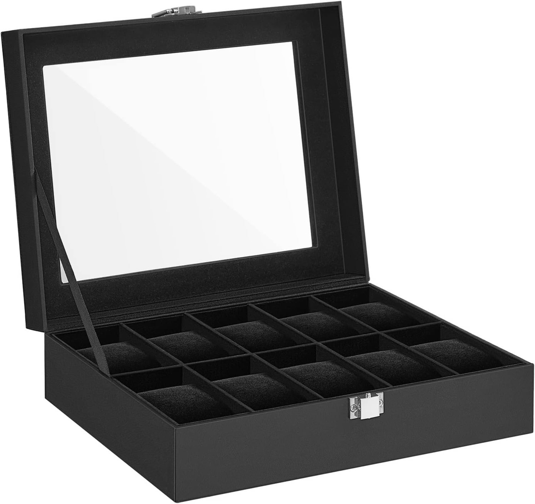 SONGMICS Uhrenbox mit 10 Fächern, Uhrenkasten, Glasdeckel, Uhrenkoffer, herausnehmbare Uhrenkissen, Metallverschluss, Geschenkidee, PU-Bezug in Schwarz, Innenfutter in Schwarz Bild 1