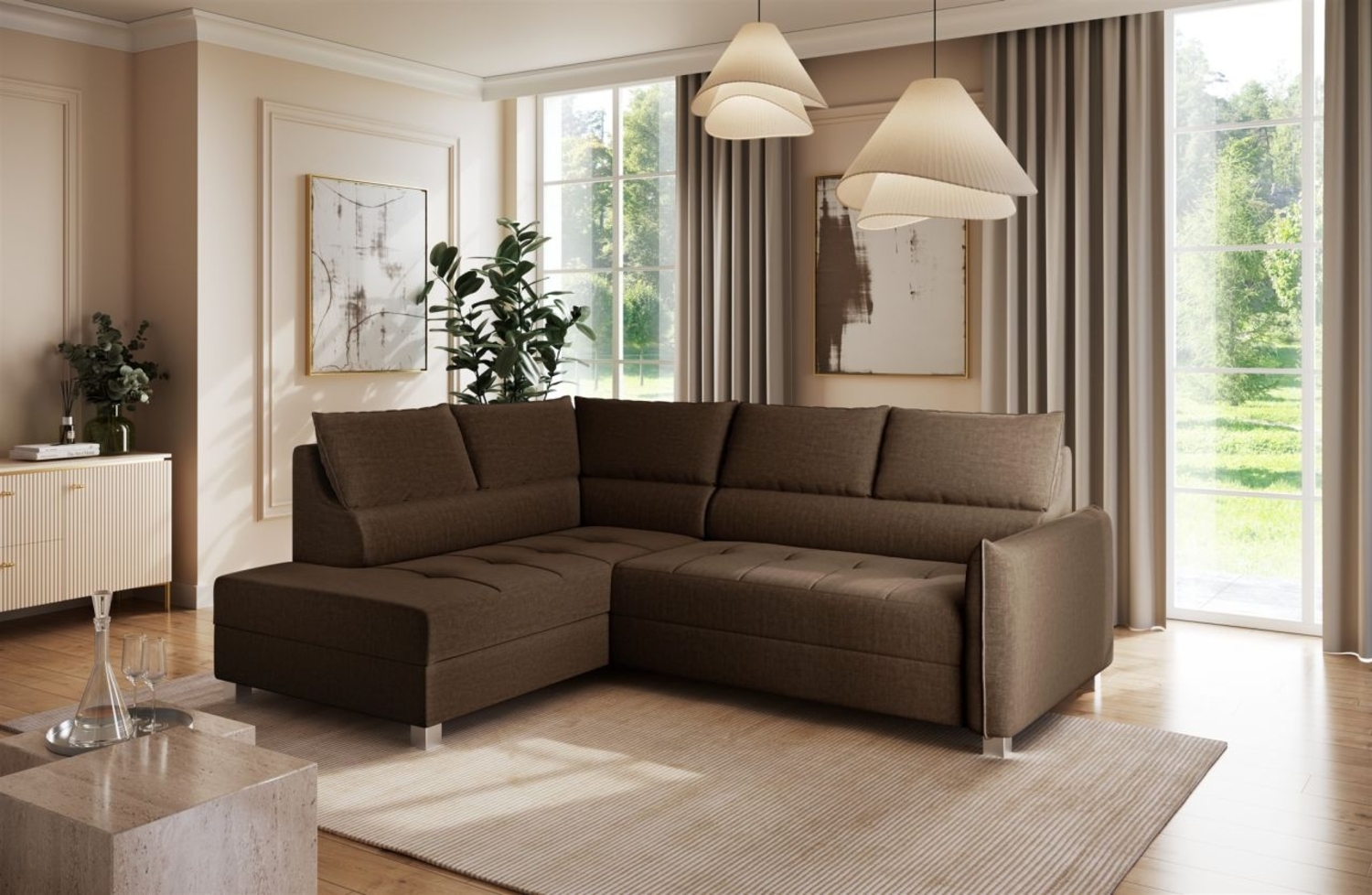 Ecksofa Schlafsofa Sofa MARNO in Stoff Vogue Braun Ottomane Links Bild 1