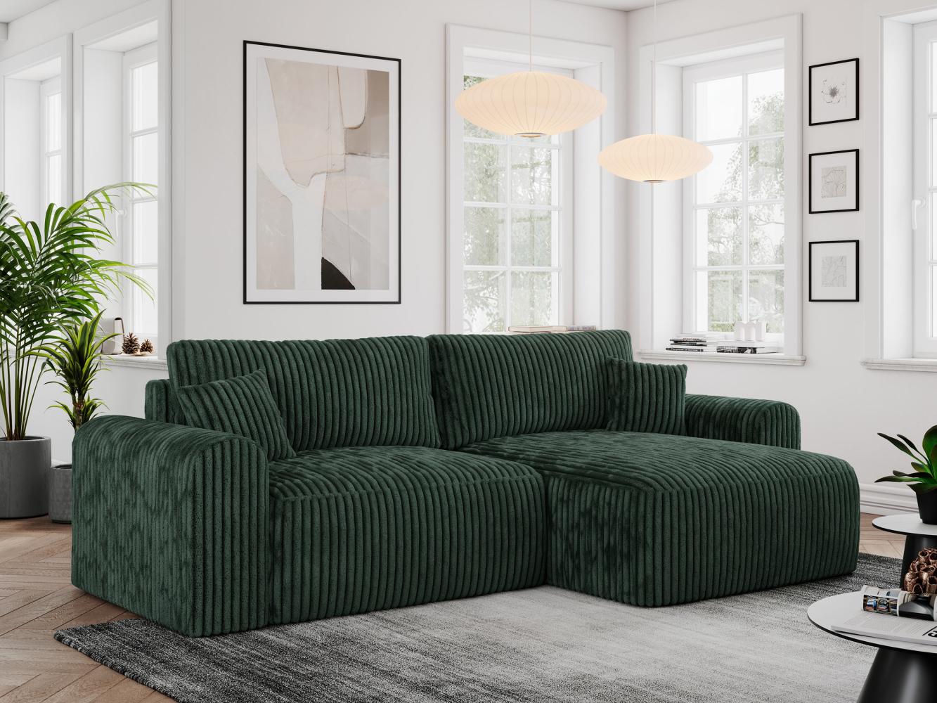 Ecksofa L-form, Couch mit Schlaffunktion und Bettkaste - NELSON - Grün Cord Bild 1