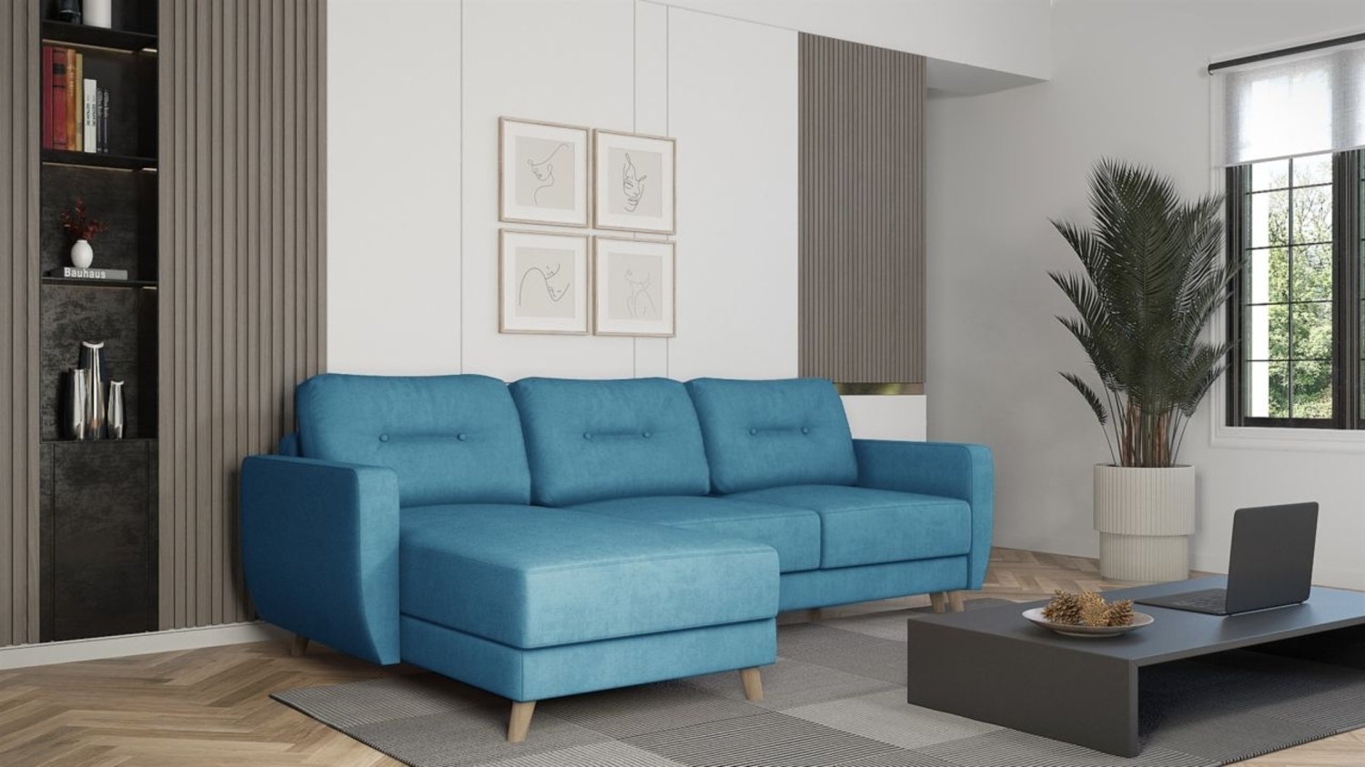 Ecksofa mit Schlaffunktion MARLIES Stoff Opera Velvet Blau Ottomane Links Bild 1