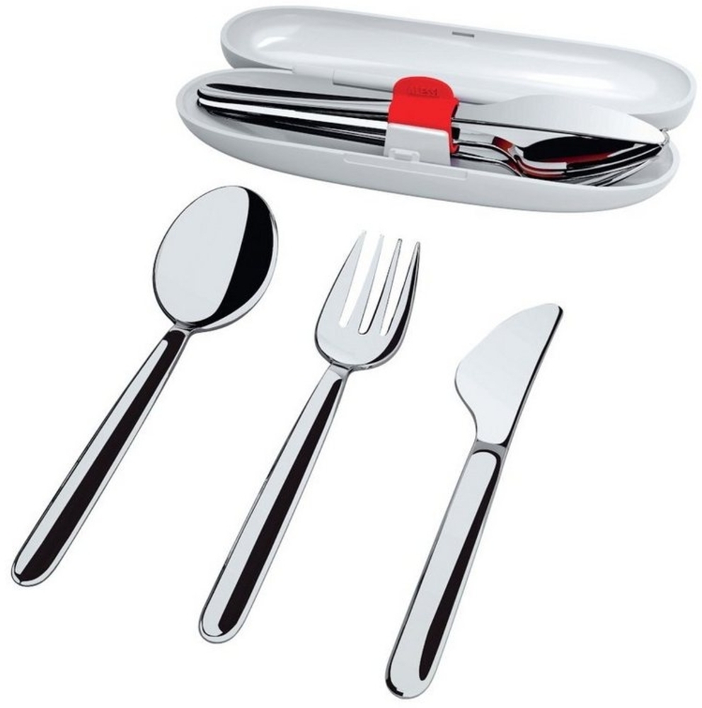 Alessi Besteck-Set Reisebesteck Set, Edelstahl 18/10 poliert, Etui thermoplastisches Harz, Je 1 Löffel, Messer, Gabel 15.5 cm lang Bild 1