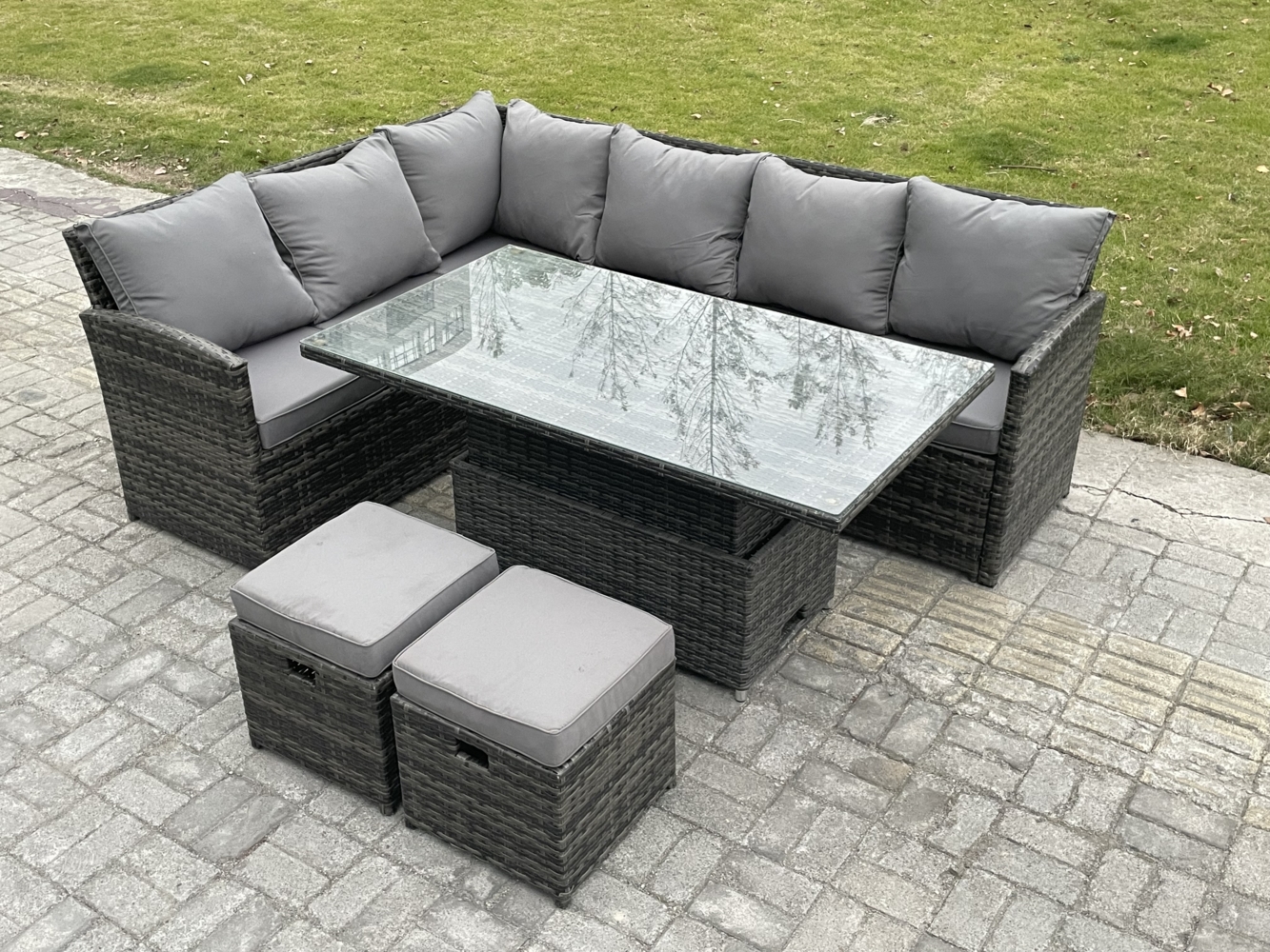 Fimous Gartenmöbel Set aus Polyrattan für den Außenbereich Höhenverstellbarer Esstisch Sofa Set mit 2 kleine Fußhockern Dunkelgrau gemischt Bild 1