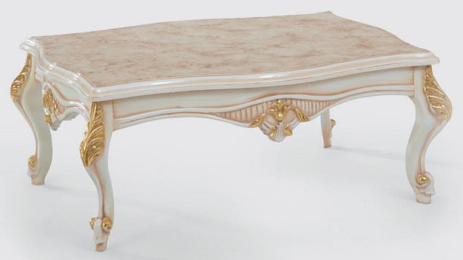 Casa Padrino Luxus Barock Wohnzimmertisch Beige / Weiß / Gold 116 x 90 x H. 50 cm - Edler Massivholz Couchtisch im Barockstil - Barock Wohnzimmer Möbel Bild 1