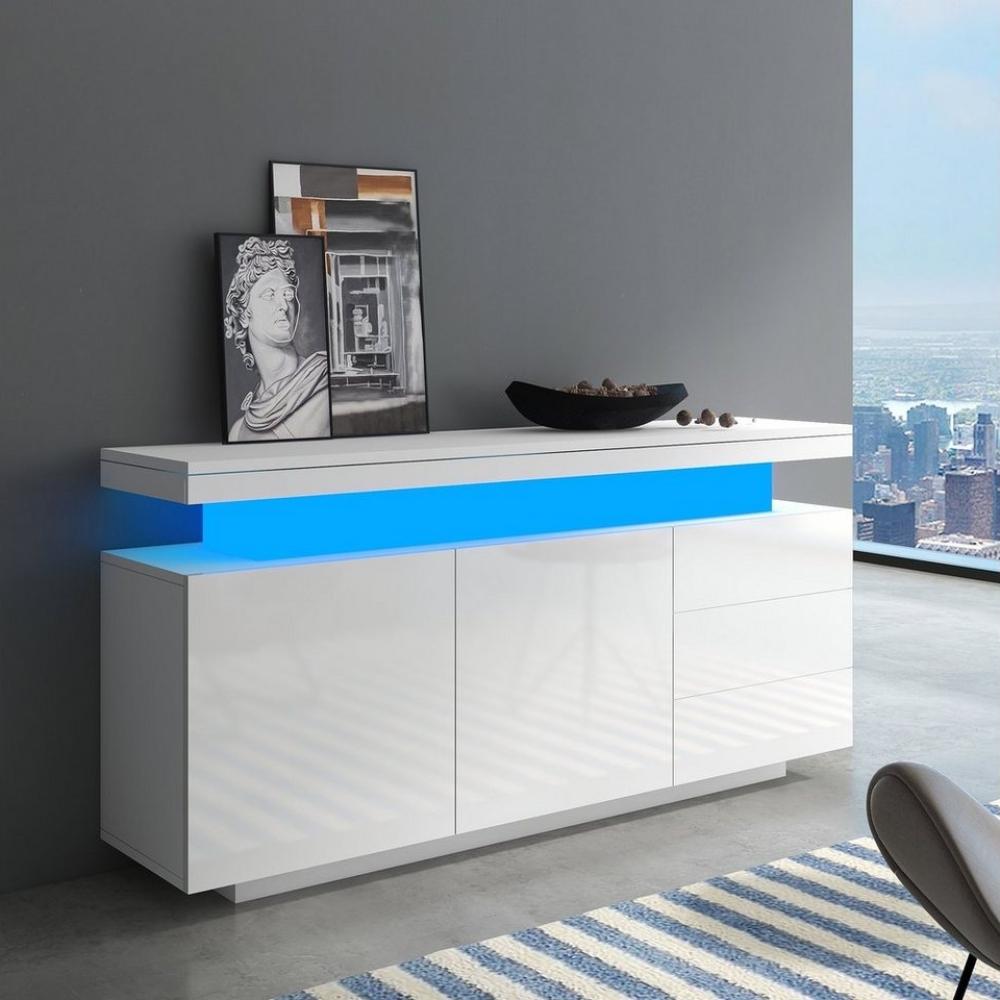 Merax Sideboard hochglanz mit LED inkl. Fernbedienung, Schubkastenkommode, Lowboard,Beistellschrank,Breite 140cm Bild 1