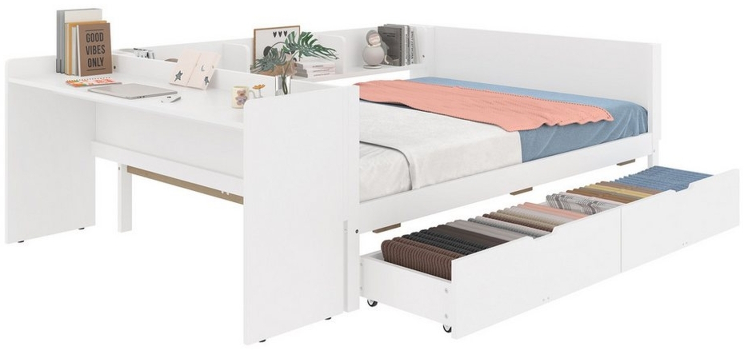 HAUSS SPOLE Holzbett 140x200 cm Flachbett mit Schreibtisch, 2 Schubladen, Regalen, weiß (mit 2 Schubladen & Regalen, mit Schreibtisch, 140x200 cm, Doppelbett für kleine Räume, Kiefer & MDF, ideal für Jugend- & Gästezimmer), ohne Matratze Bild 1