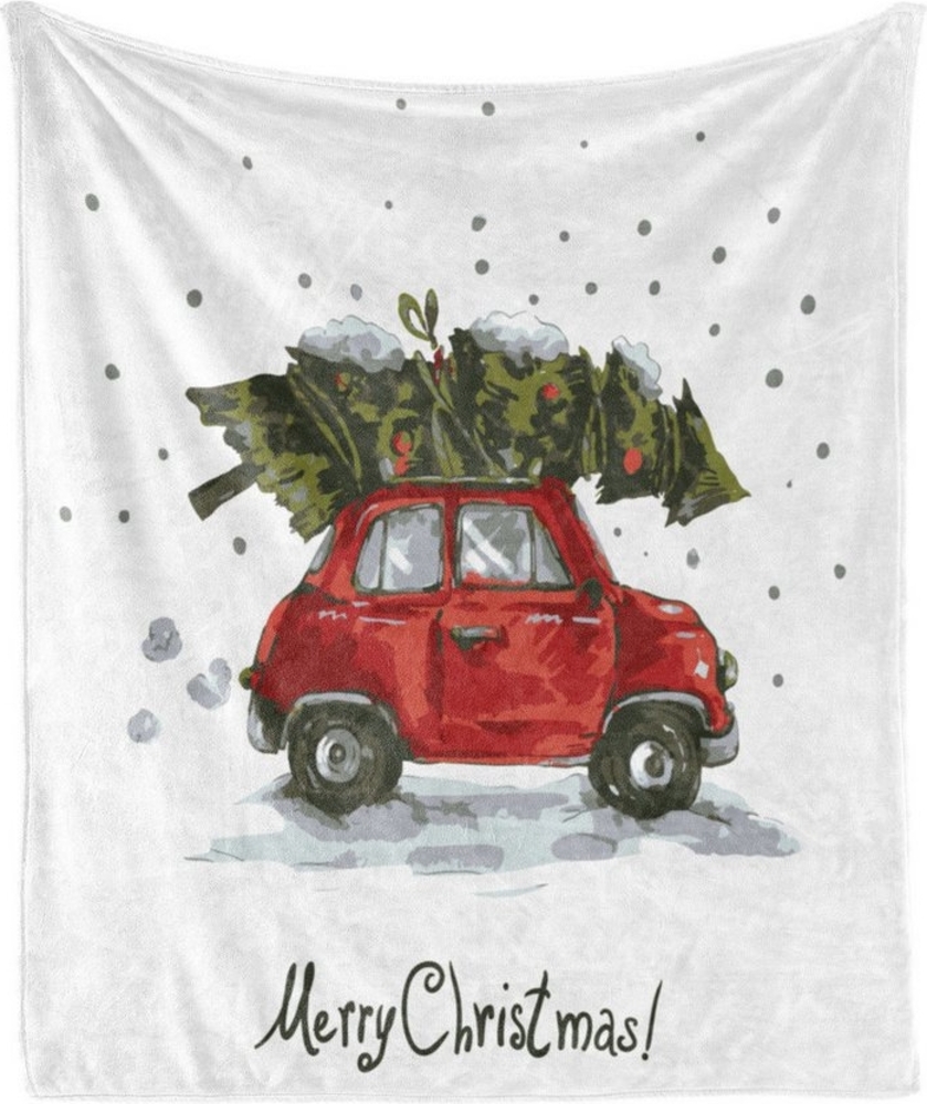 Wohndecke Gemütlicher Plüsch für den Innen- und Außenbereich, Abakuhaus, Weihnachten Retro-Auto mit Baum Bild 1