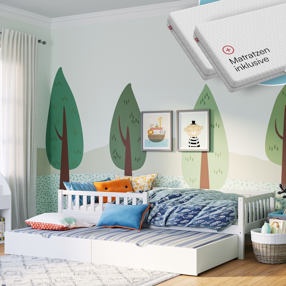Bellabino 'Vils' Kinderbett 90x200 cm mit Gästebett 90x190 cm und 2 Matratzen, weiß, Kiefer Massivholz, Montessori Bett mit Ausziehbett, mit abnehmbarem Rausfallschutz und Lattenrost Bild 1