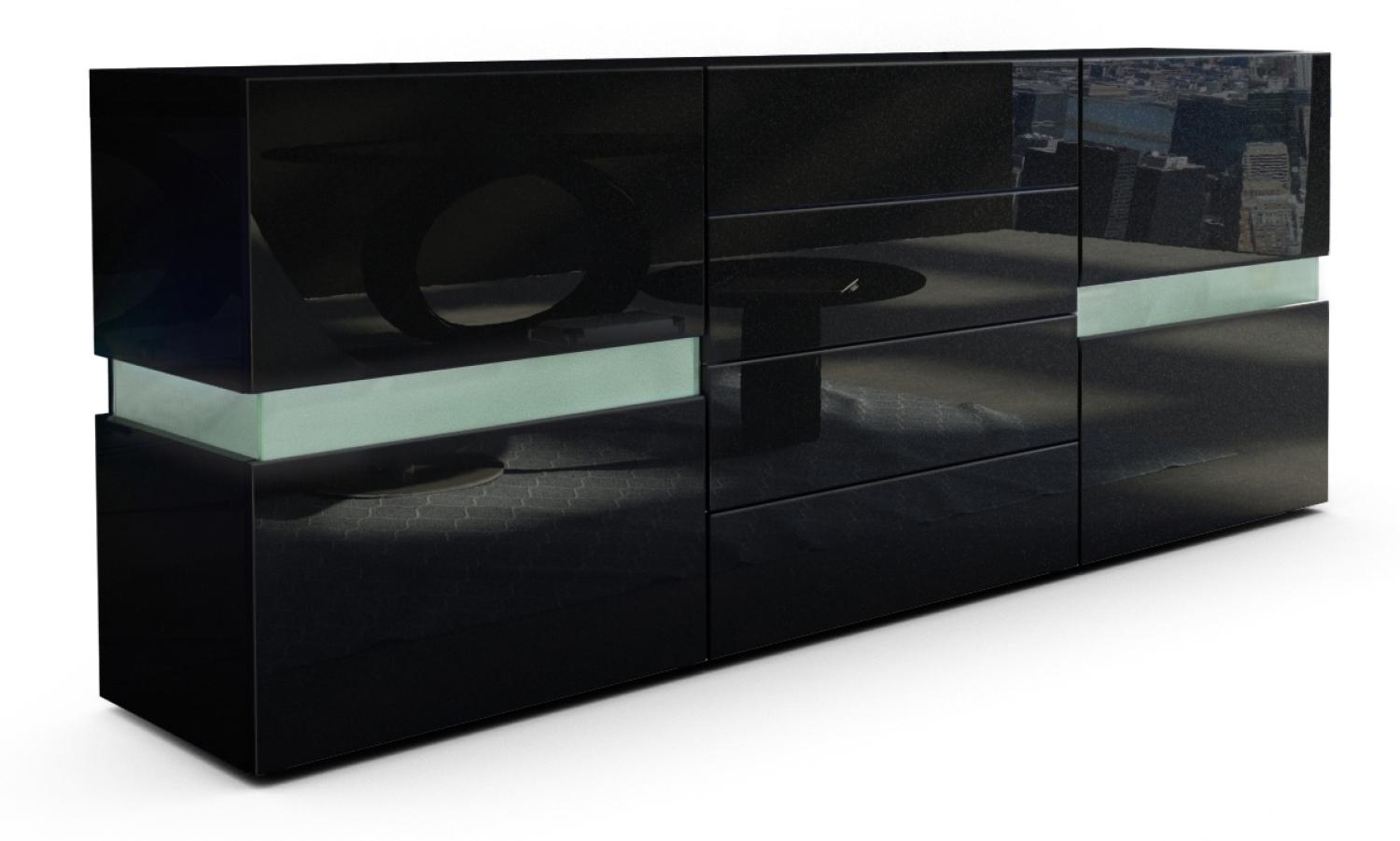 Vladon Sideboard Flow, Schwarz matt/Schwarz Hochglanz - Moderne Kommode mit Ambient Light Verglasung für Ihr Wohnbereich (177 x 75 x 39 cm) Bild 1