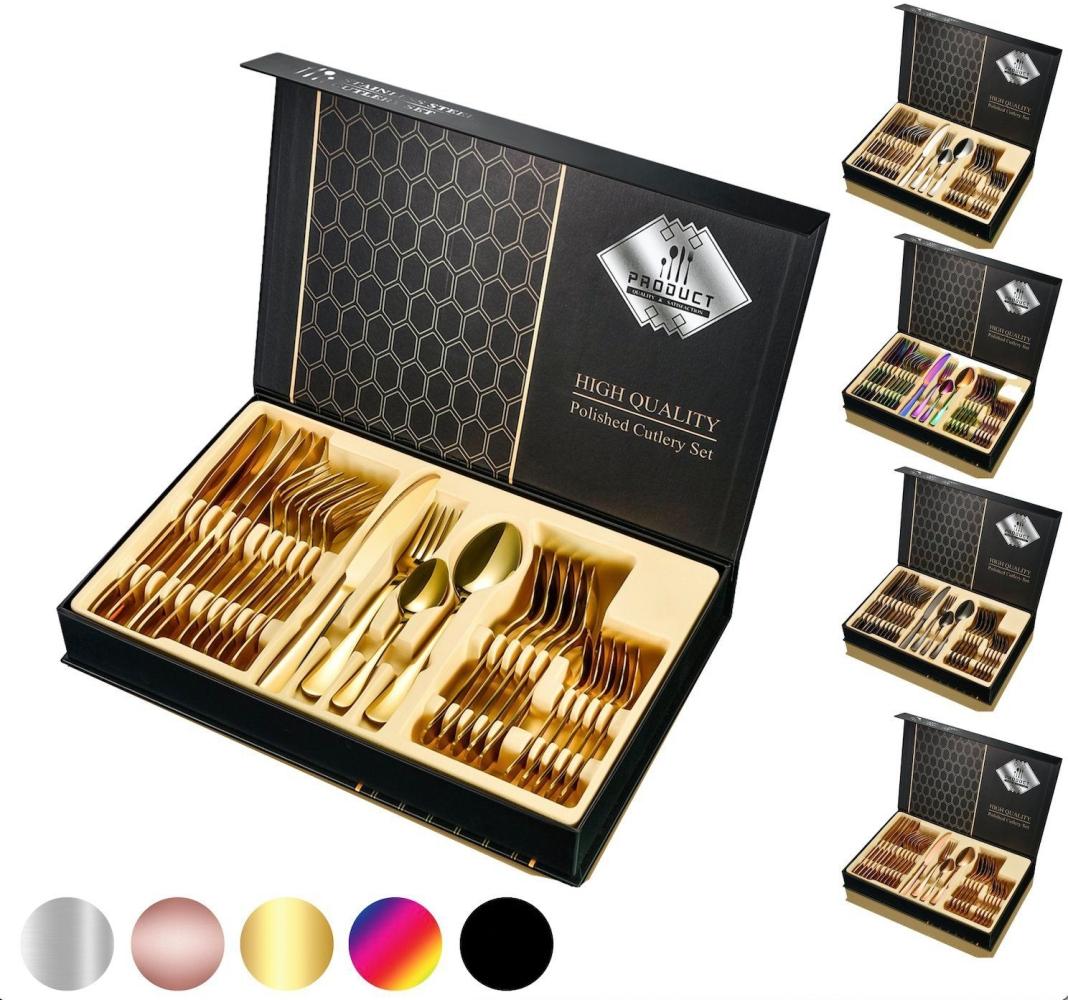 [Besteckset 24 tlg. [Gift Box] in verschiedenen Farben] glänzendes Edelstahlbesteck für. 6 Personen Messer, Gabel, Löffel Cutlery Set mit Geschenkbox Bild 1