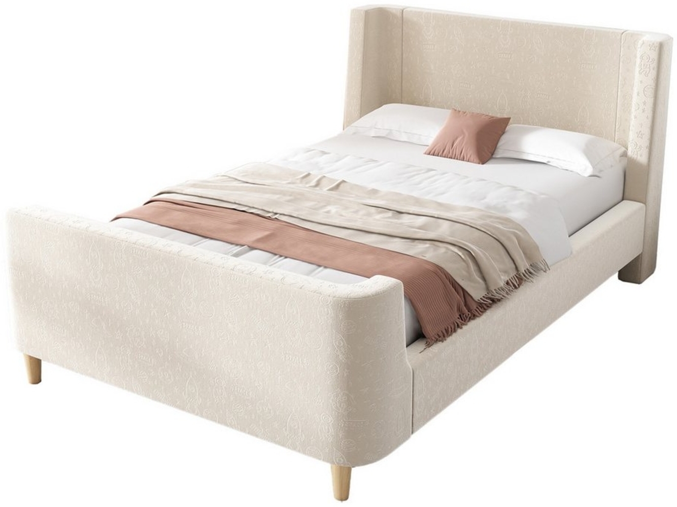 HAUSS SPOLE Polsterbett 90x200 cm Kinderbett mit kosmischem Muster, Beige, Samt Ohne Matratze (Kinderbett,Einzelbett, Schlittenbett, 1-tlg, 90 x 200 cm, ohne Matratze), für Jungen & Mädchen Bild 1