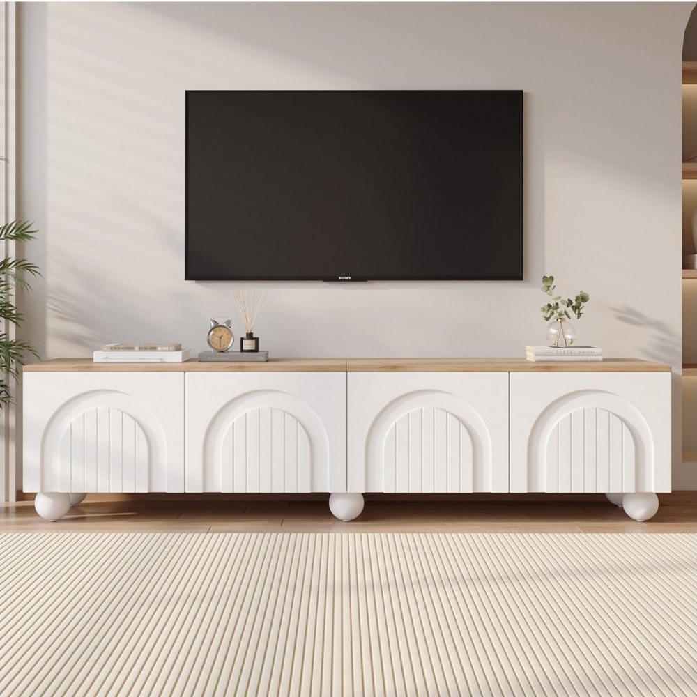 KLAM HOME Lowboard Moderner TV-Schrank Lowboard mit 4 Schränken, 180*40*45cm (Stilvolles TV-Board mit 6 Kugelfußbeinen in Weiß-Holz-Optik), Fernsehtisch,TV-Board und TV-Kommode Geeignet für Fernseher um 80 Zoll Bild 1