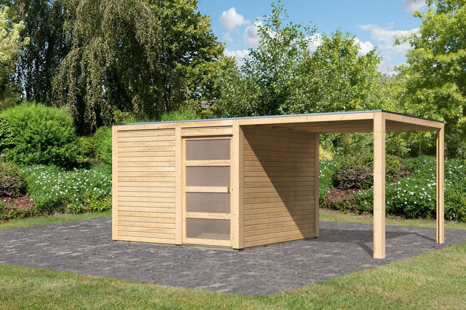 Gartenhaus Qubic 2 - 276x276 cm plus Anbaudach 2,40m, 19 mm Holz naturbelassen, Karibu Bild 1