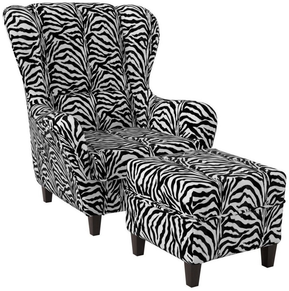 Supellex Ohrensessel Sofia Relaxsessel mit Hocker Design Tierfellimitat Zebra Bild 1