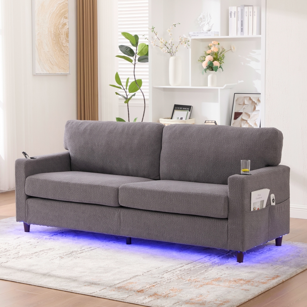 Flieks 2-Sitzer Sofa, 2-Personen Chenille-Sofa mit USB-C, LED-Ambiente, Getränkehaltern und Seitentaschen, hellgrau Bild 1